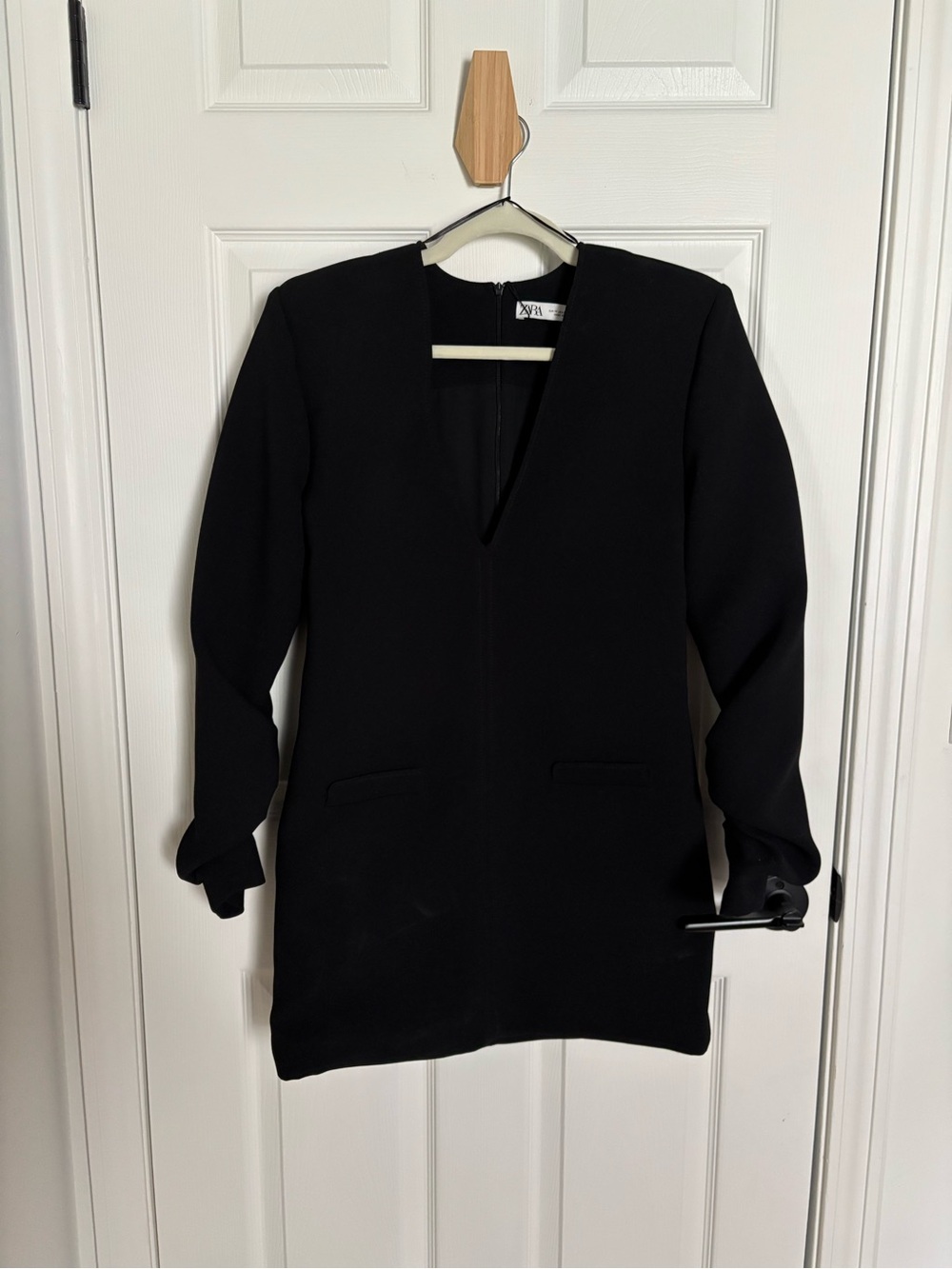 Zara Black Long-Sleeve V-Neck Mini Dress